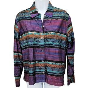 Chico's Silk Button Up Shirt Purple Turquoise Embellished Western Women 0 | S/4